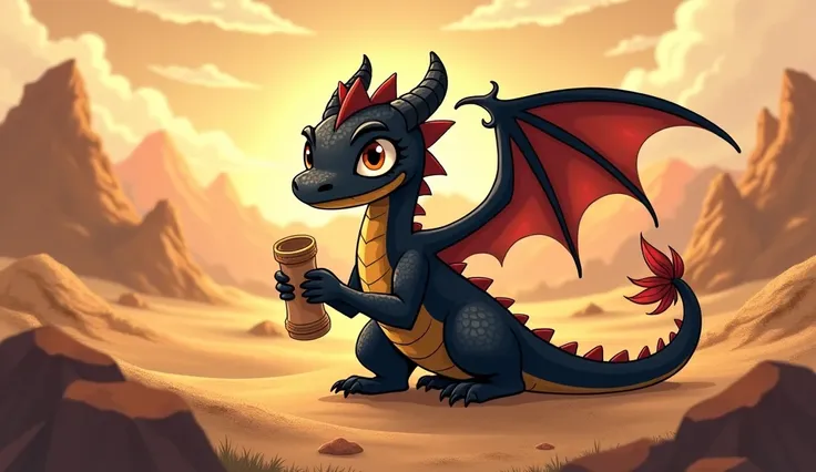  Imagine a black cartoon dragon set at the same time as Job ,  with details that refer to the desert and mysterious environment of biblical times. The dragon is medium in size ,  with shiny black scales that reflect the warm light of the desert .  His expr...