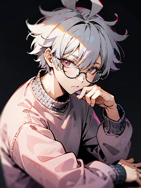 1 male, gray hair, messy hair ,  short hair, pink eyes,   long sleeve sweater , round glasses , lazy expression