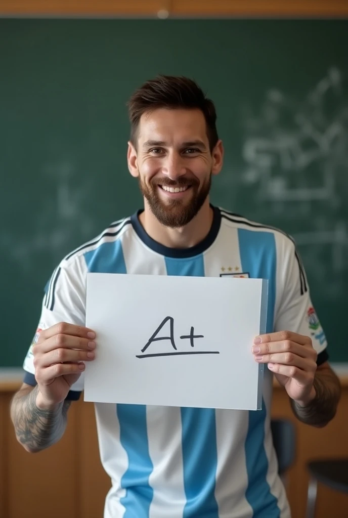 Generate a hyper realistic image of Lionel Messi Getting an A grade in his class test, he is wearing the argentina team jersey. He is showing the A+ grade on his paper towards the camera.The scene should capture the fine details of the classroom, the expre...