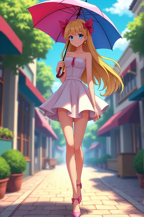  Create an image of a tall slender anime woman with buttocks, slightly big breasts, blue eyes, blonde hair with two long bows on each side, using a colorful umbrella walking down a summer street  