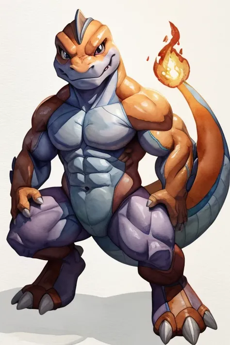 solo, watercolor render, hi res, good graphics, great anatomy, anatomical correct, male, Charmander x machoke hybrid type of pokemon