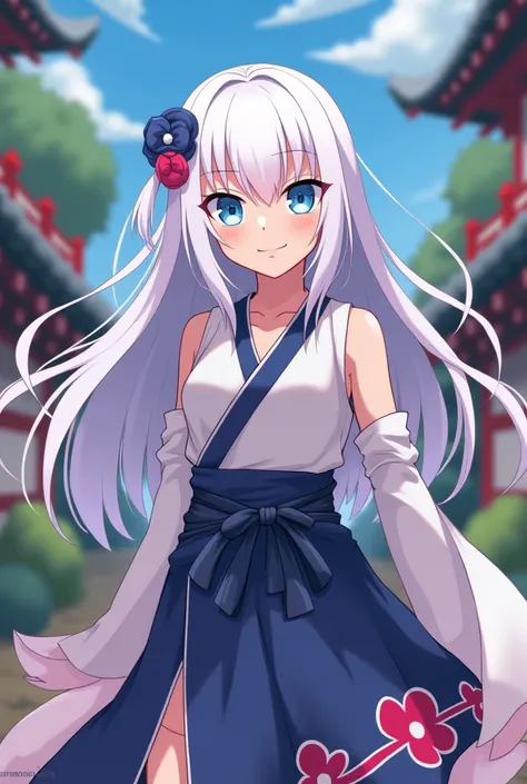  In the cartoon style Naruto anime .
 A white-haired human ninja, long,  delicate and with a fringe on one side only. very white skin.  light blue eyes. Otsutsuki style outfit . She is cheerful and very pretty . 