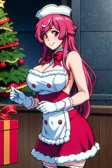 alas, blush, 1 girl, alone, long hair,  smiling, gloves,  big breasts , neckline, red eyes, has,  lingerie ,  pink hair, backles...