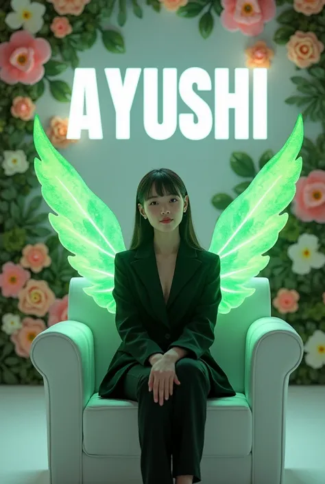 Create 3D picture of a beautiful 20 year old girl sitting on the white sofa set chair, the girl is wearing a neon black suit, background wall decorate in flower and leaves and written on capital Big font white colour "Ayushi" and wing are green colour look...