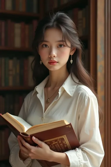 Image of a  holding books, white blouse 