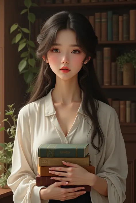 Image of a  holding books, white blouse 