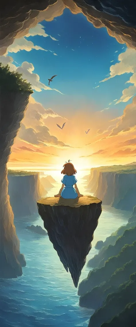  ((( girl dressed in blue sitting on the edge of a cliff 1 .3))),  sitting on the edge of a cliff ,It seems like its falling even now ,The open sea, studio Ghibli  ,(((Nausicaa 1 .5))), Nausicaa of the Valley of the Wind,  is making my legs wobble,Rear vie...