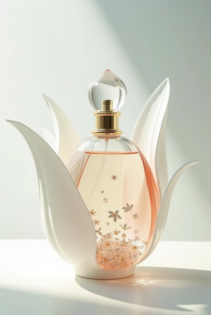 Make me an image of a perfume whose bottle is shaped like a tulip,(That it doesnt look like a round perfume but as such the shape of a tulip and the bottle is full of tulip leaves and that you dont see any round space  ) and complete the bottle with its wh...