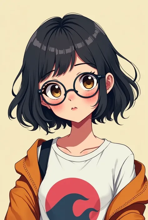 A girl, friki, nerd, short hair and wavy hair with circular lenses,  anime style