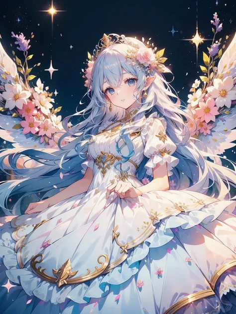 soft expression,((light smile,Happy:1.5))((Sparkling fluffy layered ball gown)),A large and beautiful dress inspired by rose flowers, lots of flowers、frills、Intricate billowy ball gown with rhinestones ( table top, art station, fantasy art:1.2), See here,S...