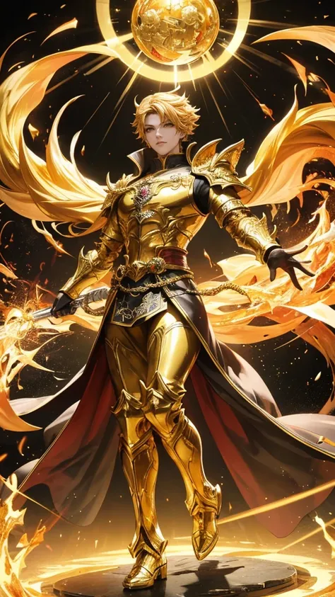 Q version of the Garo figure, , Full Body View, Brilliant Golden Armor、16k, super high image quality ,Super detailed, super resolution,Golden aura, Countless brightly colored lights surround the surroundings,Golden Shining Hair ,Servants Golden Dragon,Gold...