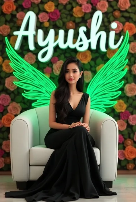 Create 3D picture of a beautiful 20 year old girl sitting on the white sofa set chair, the girl is wearing a neon black saree, background wall decorate in flower and leaves and written on capital Big font white colour "Ayushi" and wing are green colour loo...