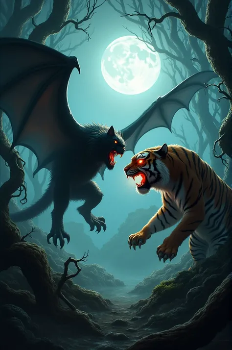 1: A shadowy jungle scene where a bat and a tiger are facing off, both appearing monstrous under a full moon. The bat’s wings stretch wide, and the tigers eyes glow fiercely. Twisted vines and mist curl around them, amplifying the intense, supernatural atm...