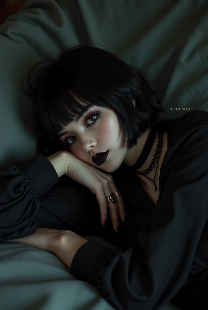 Goth girl, black Chanel hair with bangs, black blouse, black neck accessory, black color gothic makeup deitada na cama, com meias pretas até o joelho