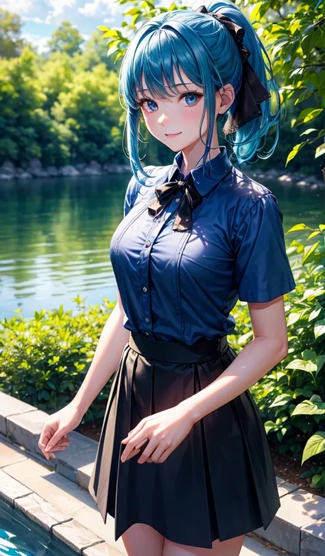 1girl, full body, solo, summer, water, bushes, trees, sun, clouds, blue hair, ponytail, large full breasts, dark blue eyes, ((medium blue shirt)), ((short sleeved shirt)), (unbuttoning shirt), ((shiny shirt)), skirt, smile, very happy, looking at the viewe...