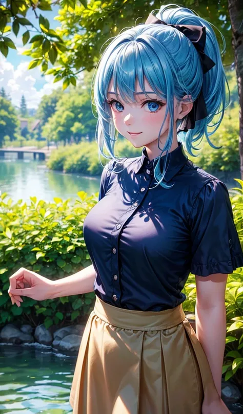 1girl, full body, solo, summer, water, bushes, trees, sun, clouds, blue hair, ponytail, large full breasts, dark blue eyes, ((medium blue shirt)), ((short sleeved shirt)), (unbuttoning shirt), ((shiny shirt)), skirt, smile, very happy, looking at the viewe...