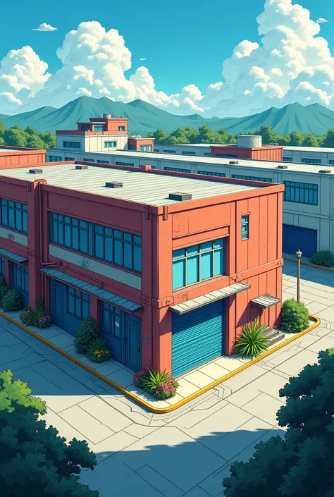  Generate an image of a storage warehouse with a single warehouse in anime style, animated and colorful manga with senital view  ( top view or can be slightly tilted ) 