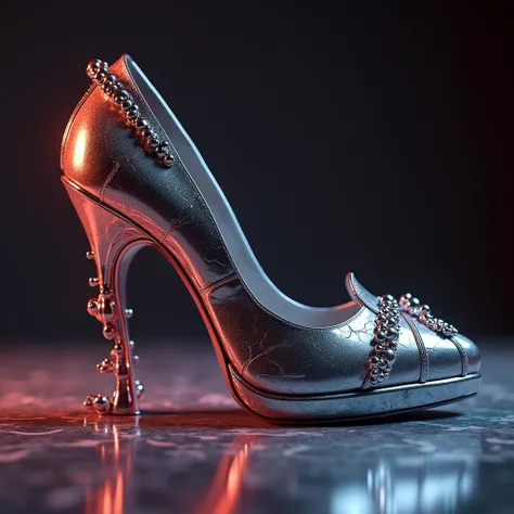 professional extravagant 3d model (Ultrarealistic:1.3) high heel shoe with metallic execution, metallic shiny leather. intricate, made of shiny silver, shoe design, made of liquid metal and marble, silver bracelet paws, intricate 3d illustration, heavy met...