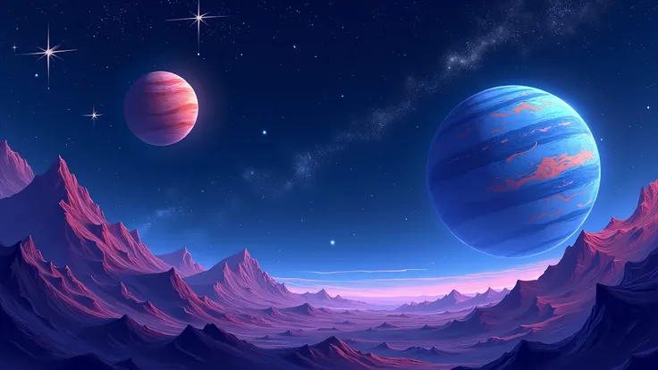 vector illustration of a space, with stars and planets, in shades of blue, purple, in high quality. 