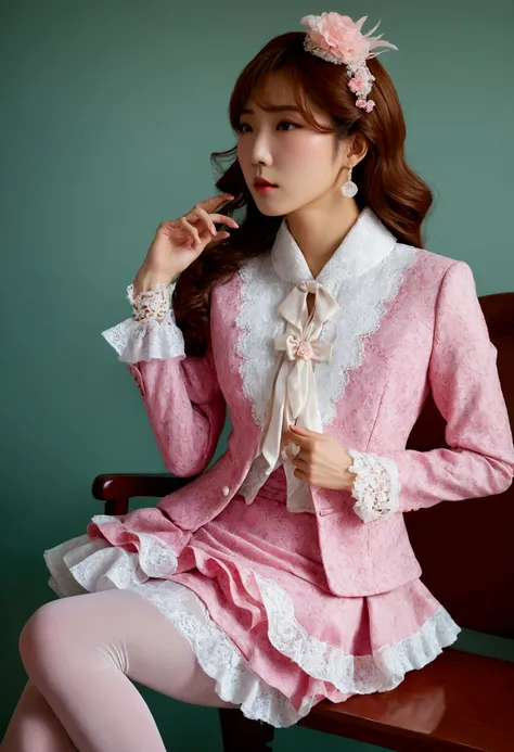 A Korean man in ladies vintage suit dress, he is crossdresser, body like a woman, slender female body, white and pink, Rich lace and frills, long sleeves, jacket, mermaid line skirt, tweed, sit quietly