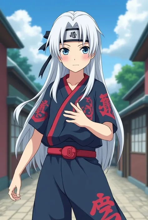 In the Naruto .
 A white-haired human ninja, long,  headband with a fringe on only one side. very white skin. Clear and intimidating blue eyes. Otsutsuki style outfit . She is cheerful and very pretty .  cartoon style, she wears a delicate Ninja .