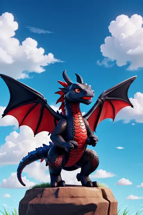 Black and red dragon,  blue sky with clouds