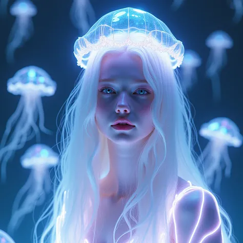 Neon, (Luminous neon glass sign)，Transparent neon material，Gloss，Refraction Details，Albino girl，Neon line jellyfish on the head，Long hair doll，(Neon line long dress made of glowing Neon line:1.5)，Renaissance，baroque，Psychedelic，romantic，neon palette, pale ...