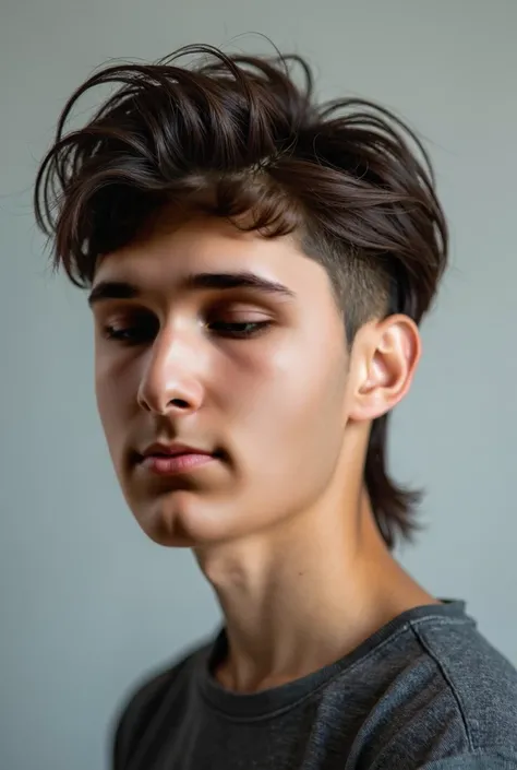 in an isolated light grey studio background, A close-up portrait of a young male model showcasing a trendy, modern mullet hairstyle. The back of the head and temple areas have long, layered hair, while the top is cut short for a stylish contrast, and the s...