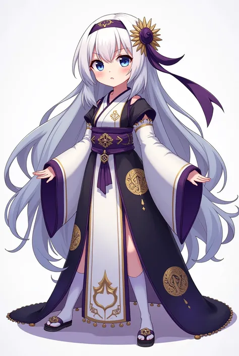 In the Naruto .
 A white-haired human ninja, long,  headband with a fringe on only one side. very white skin. Clear and intimidating blue eyes.  Otsutsuki style clothing in white tones, black and purple ,  with golden moon designs . She is cheerful and ver...