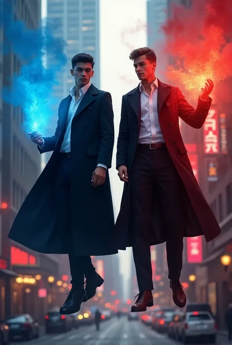  Beautiful young twin men rubios bellísimo one with blue magic and the other with scarlet magic, wearing a black trench coat and white shirt in the city  volando
