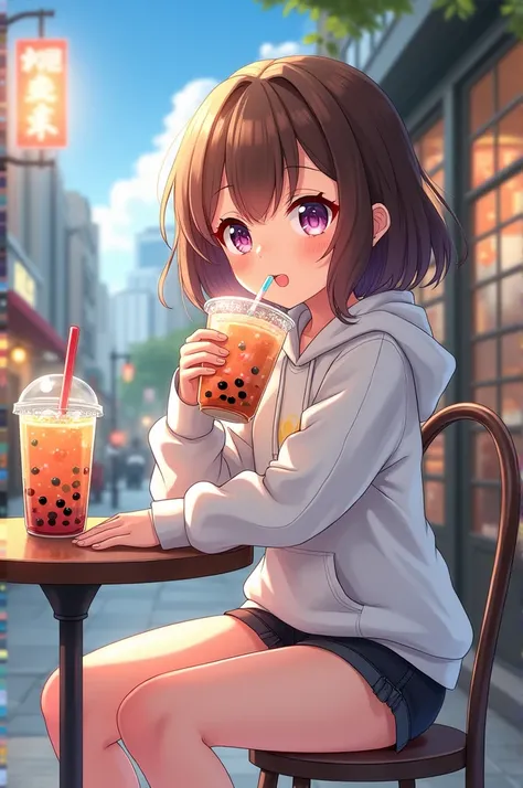 Create an anime girl wearing shorts and hoodie and drinking boba tea 