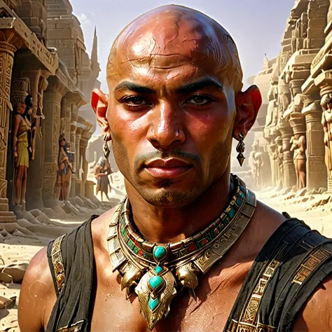 1 man. slavist turned slave, bald, tan skin, barbarian egyptian-leke clothes. bone collar