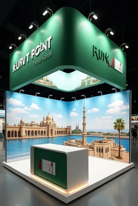  generate an image of a simple travel agency stand for the country Kuwait,  do it with less budget because Im a student, I mean billboards and so on and more striking 
