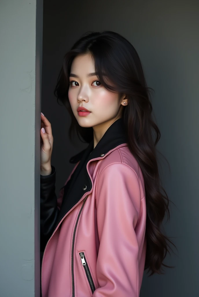 Beautiful asian woman in the pink Leather jacket with black leather sleeves in the grey screen