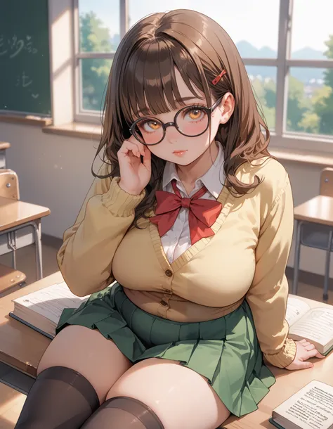 A chubby teen girl with long brown hair, amber eyes, big breasts, thick thighs, white blouse, yellow cardigan, black stockings, green skirt, red ribbon, high school girl, sitting on desk, classroom, warm light, afternoon, shy gaze, adorable, glasses, nerdy...