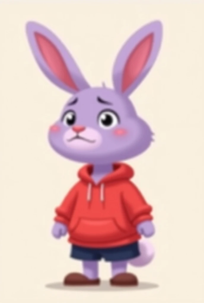 Draw me a purple cartoon bunny with a bored face and wearing a red hoodie and black shorts and brown shoes, bunny purple girl 
balanced body