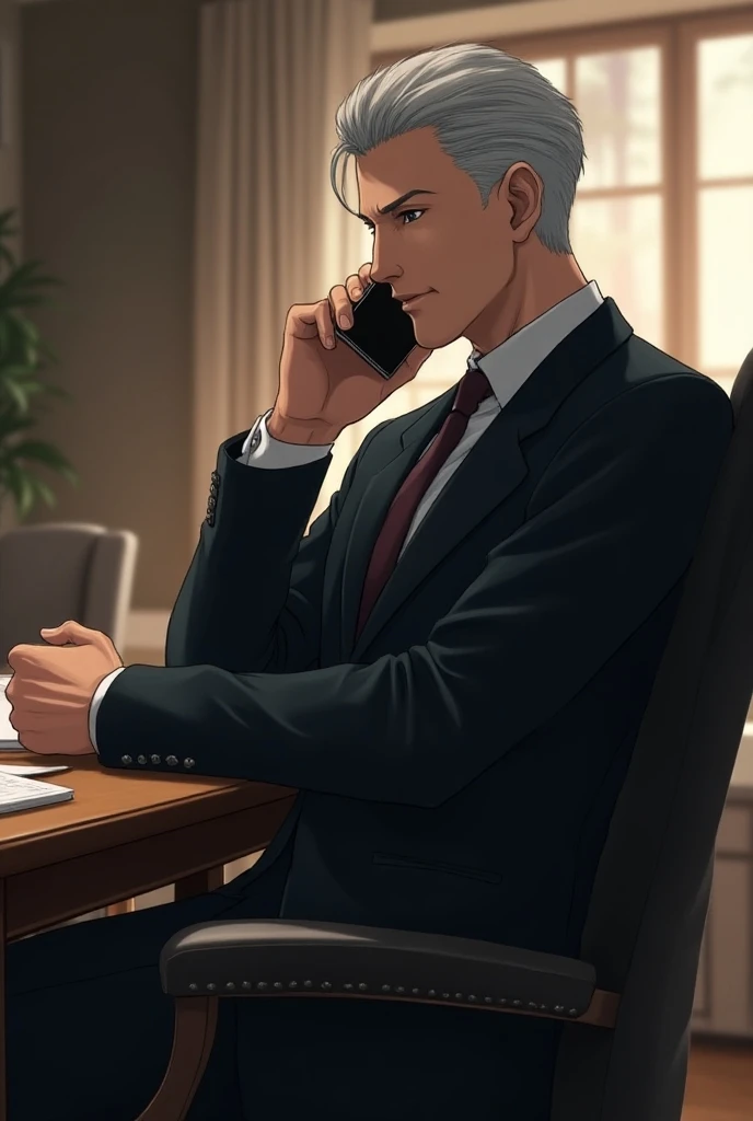 elf man, short silver hair and defined body ,anime design, dark suit, sitting at the table with notebook and papers on top,swivel chair , chair for customer , talking on the cell phone 