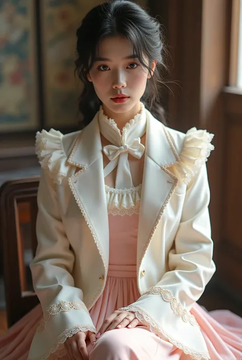 A Korean man in ladies vintage suit dress, he is crossdresser, body like a woman, slender female body, white and pink, Rich lace and frills, long sleeves, short jacket, mermaid line skirt, tweed, sit quietly