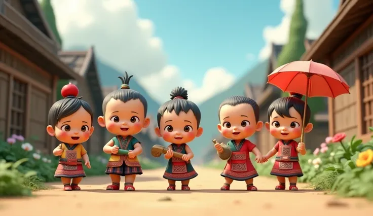  four HMong babies are walking,  2 little brothers holding hammers , 2 sisters holding umbrellas ,  Chibi3D Cartoon Style