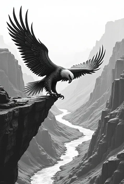 Eagle tattoo motif in canyon landscape with river in black and white
