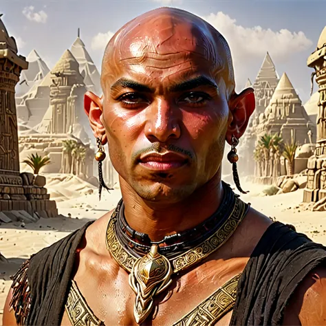 1 man. slavist turned slave, bald, tan skin, barbarian egyptian-leke clothes. bone necklace.
headshot