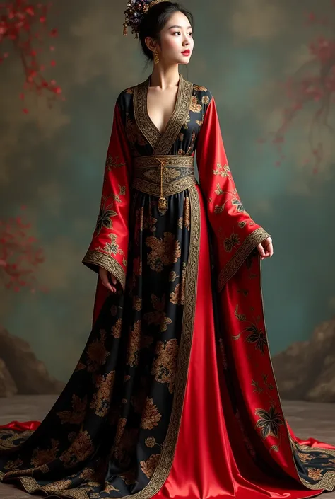  acient chinese clothes, long gown, brocade dress, black and red silk clothing with golden borders and black lilies detailes on the It exposes an hour glass figure and it reaches just before the ankle