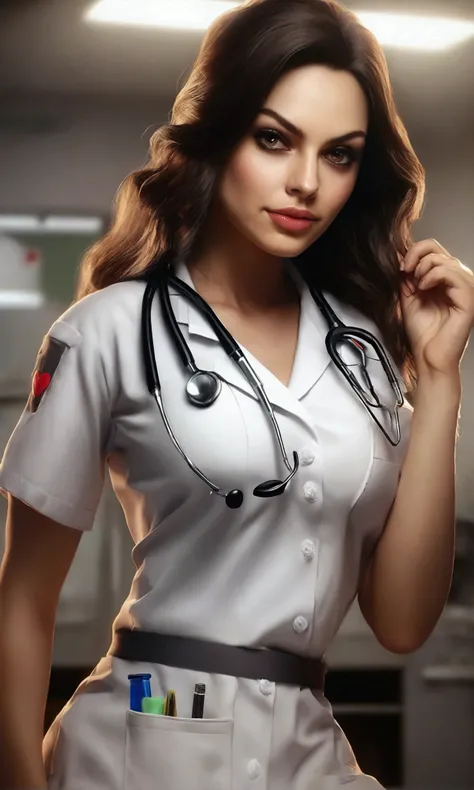 (A futa woman greatly resembling Mila Kunis, giga busty, enormous cock and balls, sexy nurse themed lingerie with lots of hearts emblems especially on cod piece, holding medical tools), playful and lusty pose, hospital examination room, viewed from a low a...