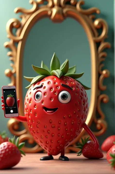 An image of a strawberry taking a selfie in a mirror