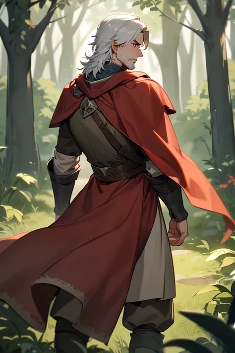 1 adult male, medieval, hunter,  long white hair,  red eyes , a red cape on the back, in a forest