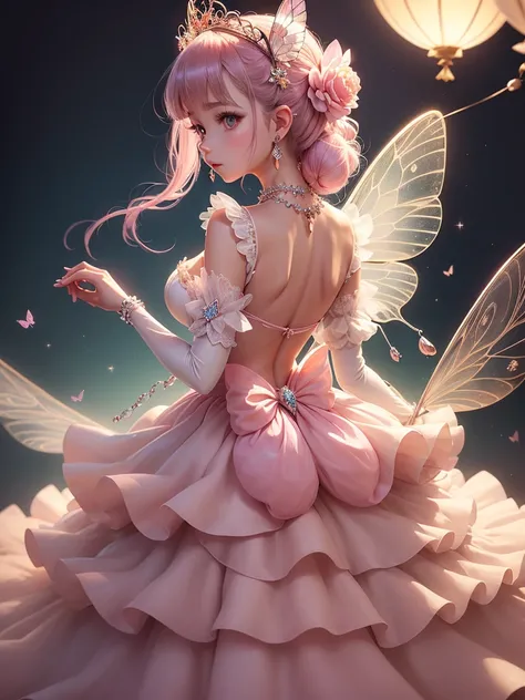 (exquisite, beautiful, very detailed, masterpiece, high quality,High resolution),(soft thin lines:1.2, Beautiful, delicate and pretty face),(Butterfly-like fairy wings growing from her back),from a little far away,body whole,The whole body is reflected,nig...