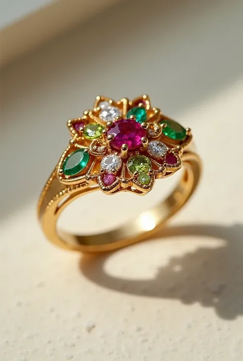 A gold ring with ruby, peridot, diamond, and emerald make the gems small another design