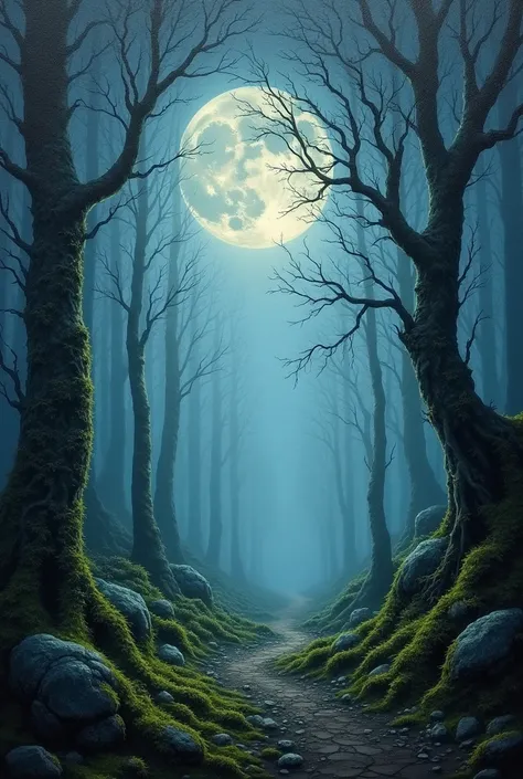 high quality painting of mystical WOODLAND landscape (DARK GOTHIC) with moon fog, oil painting trend, muted colors, slate tones, brush strokes, plump marks, sharp areas, life size artwork, full size masterpiece, serene calm, magic, velvety moss, cool, deli...