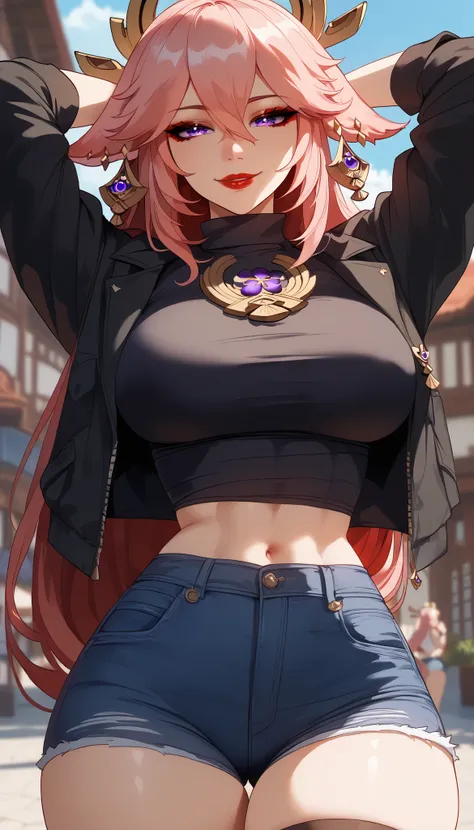  perfect eyes、 perfectly sexy face、ultra detailed、yae miko、Genshin Impact、shiny hair、( Big breasts ), black shirt、black jacket、Tight Waist、thin waist、 dark blue denim shorts、 Thigh straps 、 glowing skin、 tanned skin 、Beleza、erotic、Red Eyeliner、 red lips 、w...