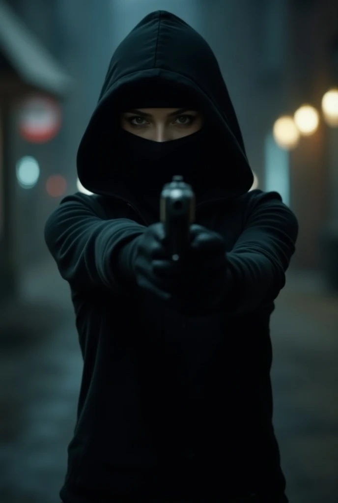 Woman as a thief in black clothes and black balaclava with a gun 